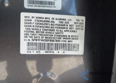 2015 Honda Pilot Se z USA, uszkodzony, nr VIN 5FNYF4H30FB067845